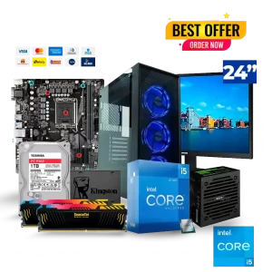 Combo PC 3, Board Gigabyte b450 ds3h v2 am4⁣, Procesador Intel Core i5⁣, Disco sólido 480gb Kingston sata⁣, Memoria ram ddr4 8gb x 2 3000 Corsair Vengance (16gb)⁣, Caja Unitec lateral vidrio 3 ventiladores⁣, Fuente 350 wa Unitec⁣, Monitor Samsung 24" ls22a336nhlxzl⁣